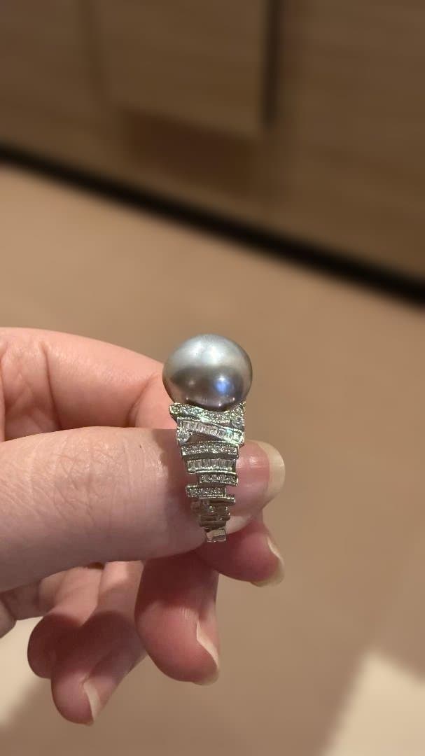 【本真珠】14mm超大珠 タヒチ黒蝶真珠 プラチナグレー リング 豪華18kGP