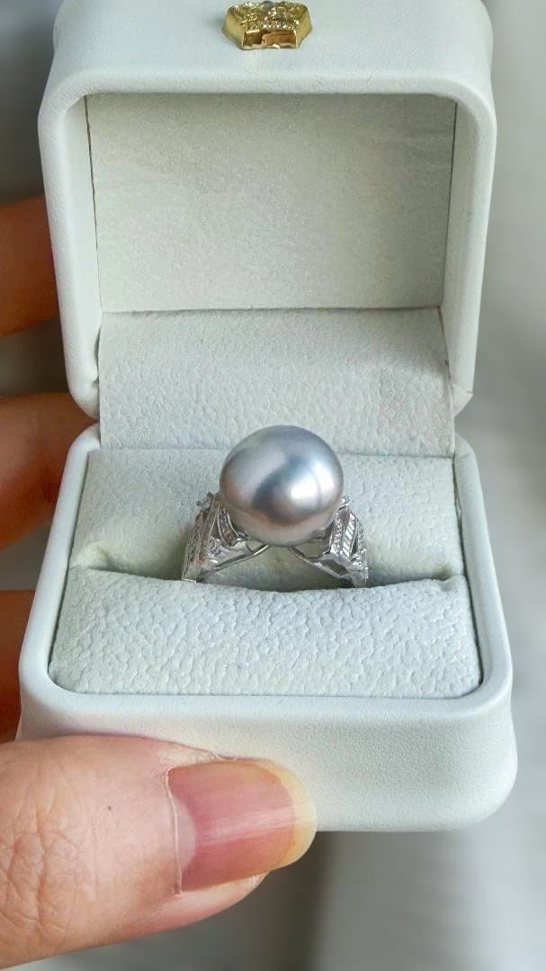 【本真珠】14mm超大珠 タヒチ黒蝶真珠 プラチナグレー リング 豪華18kGP