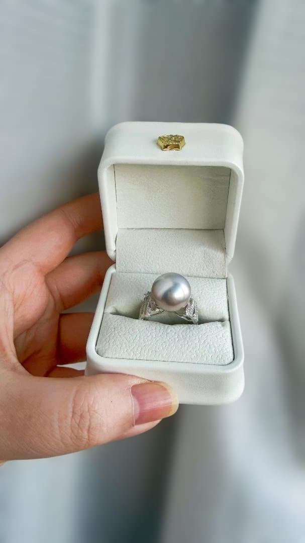 【本真珠】14mm超大珠 タヒチ黒蝶真珠 プラチナグレー リング 豪華18kGP