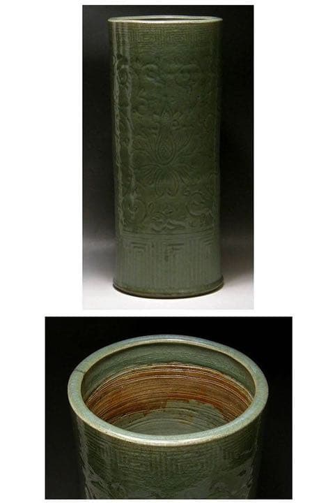 中国　明時代後期　「古渡伝来」　七官青磁筒大花瓶　高さ46㎝