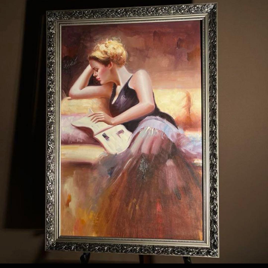 ★秀作★ 手書き油絵 本を読む人（大）額付き  絵画 インテリア 油彩画