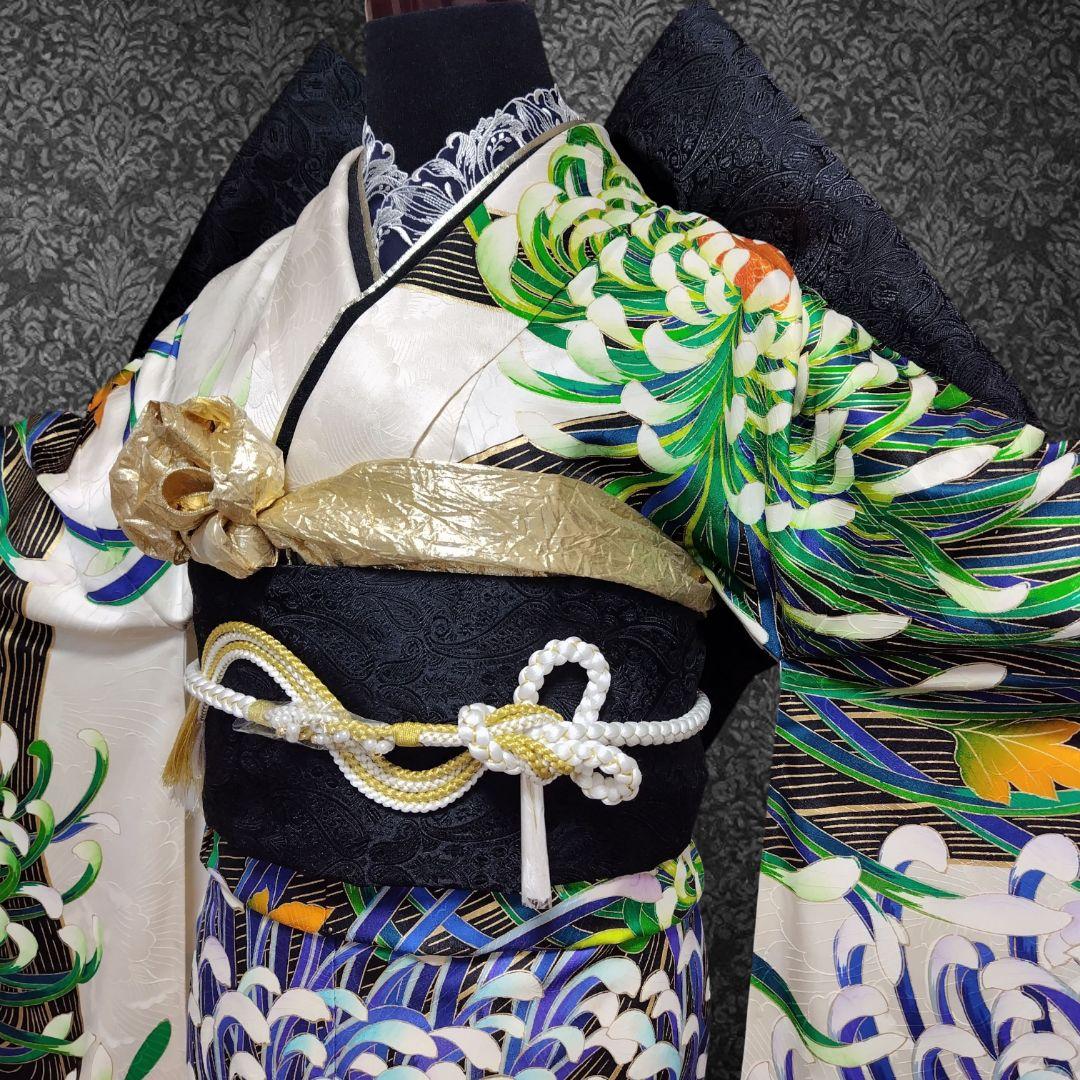 振袖フルセット(7点)・成人式・大輪花模様・金彩加工・金駒刺繍・正絹・逸品