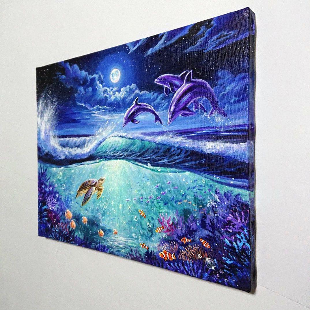 【月夜に輝く海の世界】アクリル画 F6 風景画 絵画 動物画 海の絵