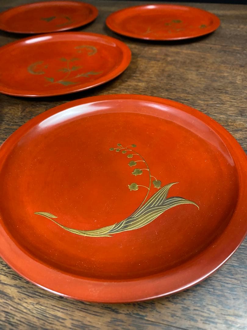 赤い漆器 5枚セット 木箱付き