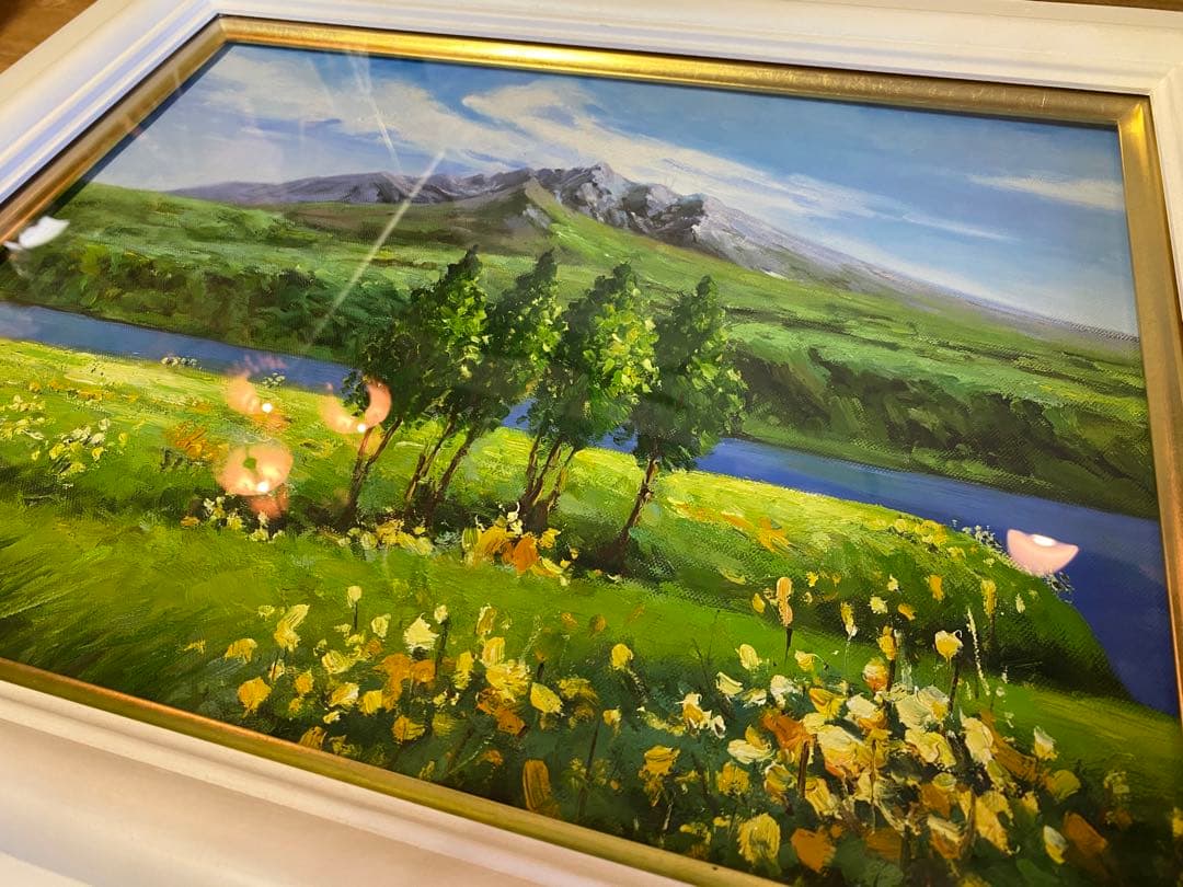 一柳富美　利尻山　油絵　額入り　白額縁　風景画
