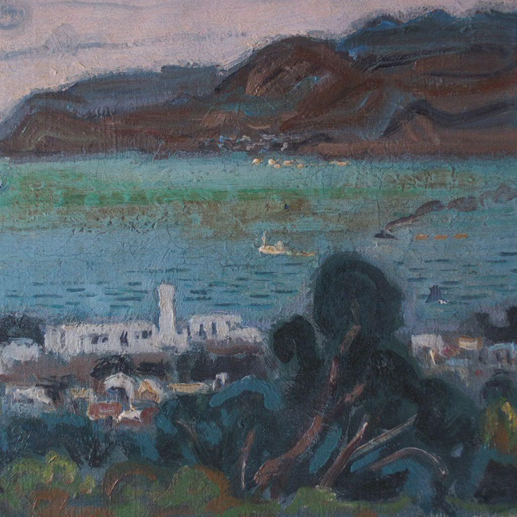 海と山の風景 油彩画 古道具