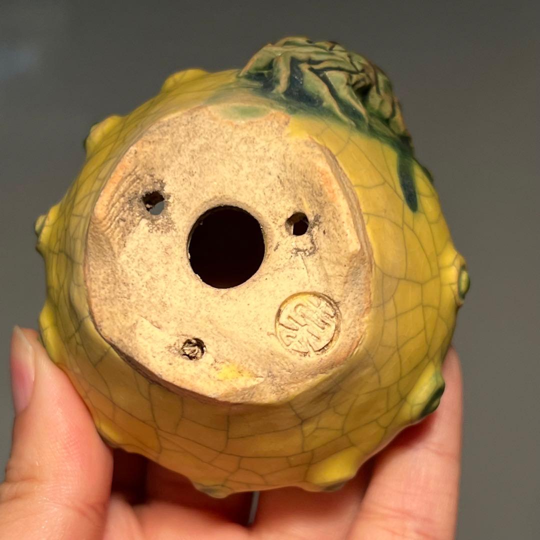 725.古本正志 黄釉蟹彫鼓鉢丸鉢 盆栽鉢 植木鉢 7.5*4.2cm