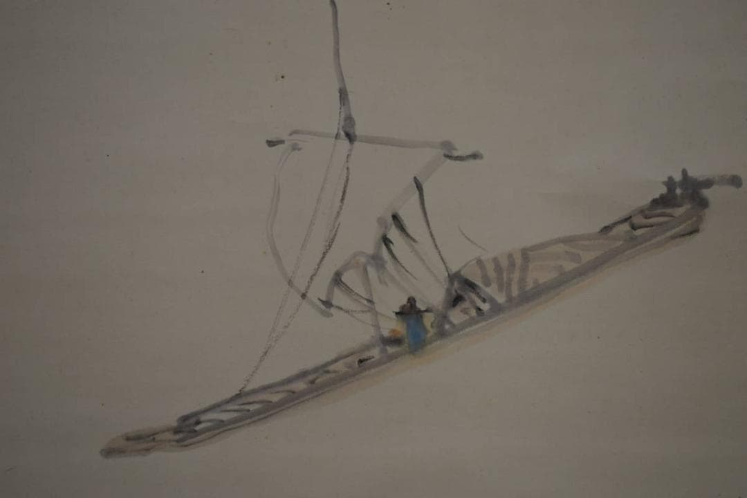 真作/野田九浦/山水帆船図/絹表装/布袋屋掛軸HI-431