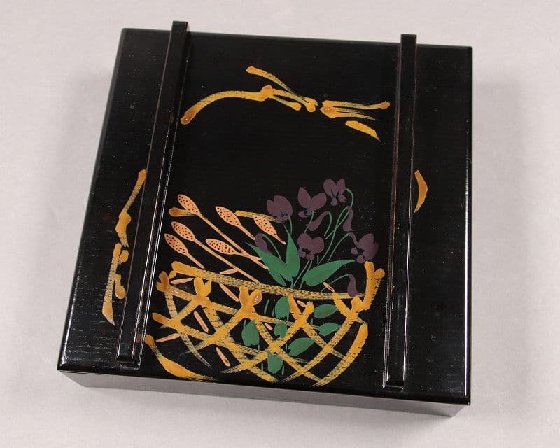 漆芸 山田平安堂 二代 呉藤友乗 花篭蒔絵 蓋物 五点 弁当箱 共箱 M837