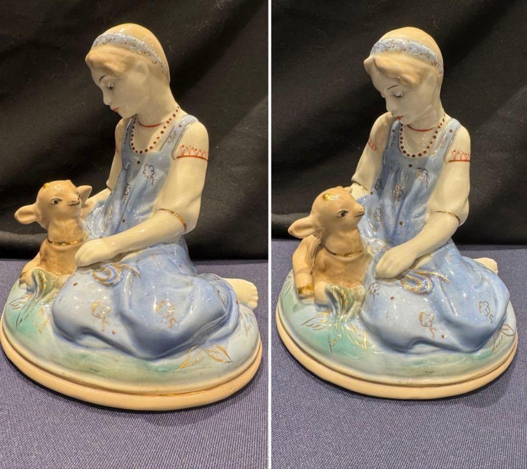 レア‼️ソビエト　アンティーク グジェリ焼き。 女の子とヤギ、フィギュア