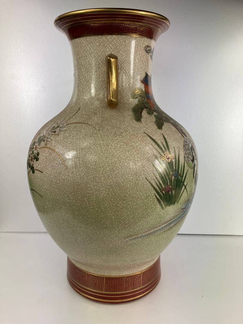 薩摩焼 蔵出 花瓶 花器　鶴と花の装飾　約38cm 4kg