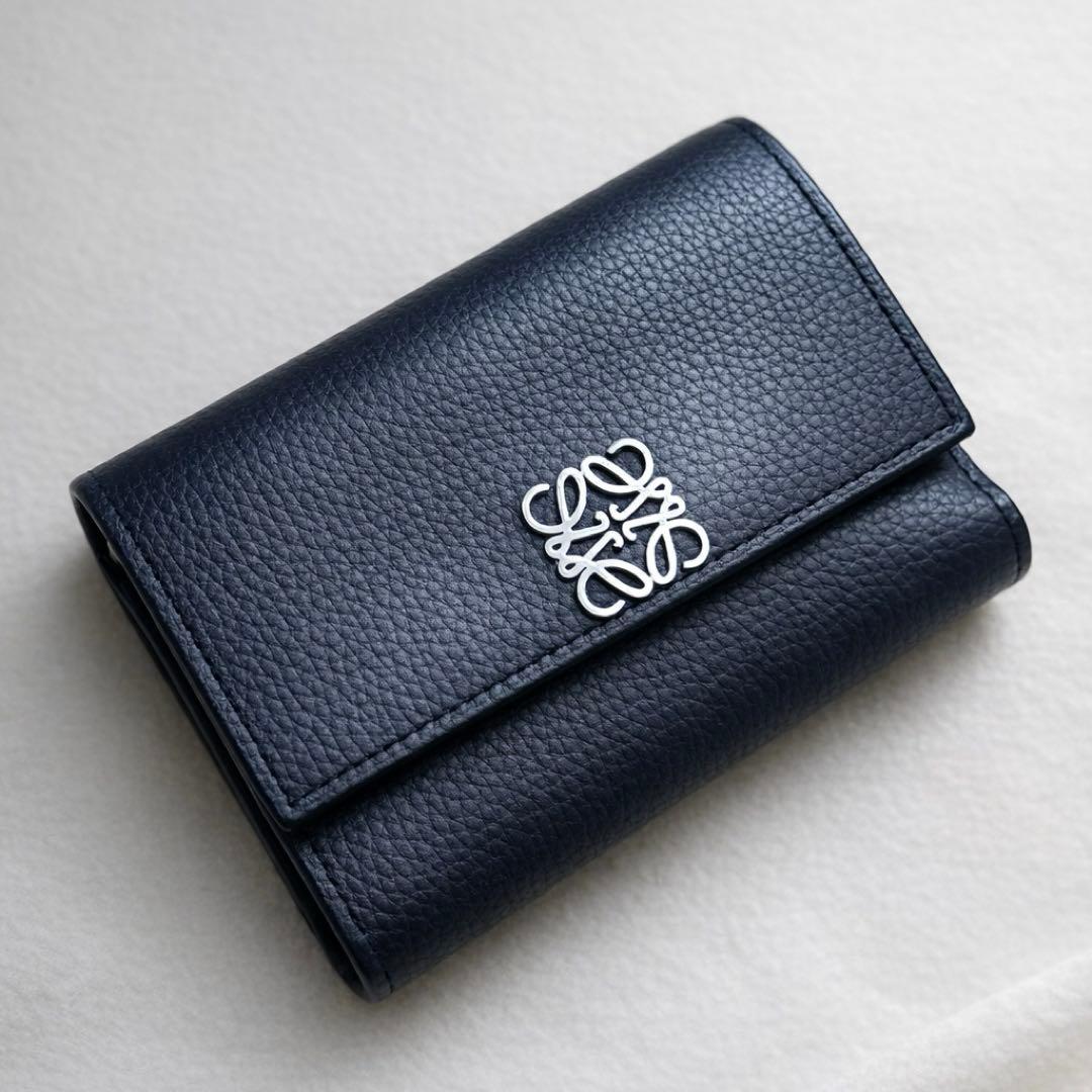ロエベ 三つ折り財布 ネイビー 美品 箱 保証書付 正規品