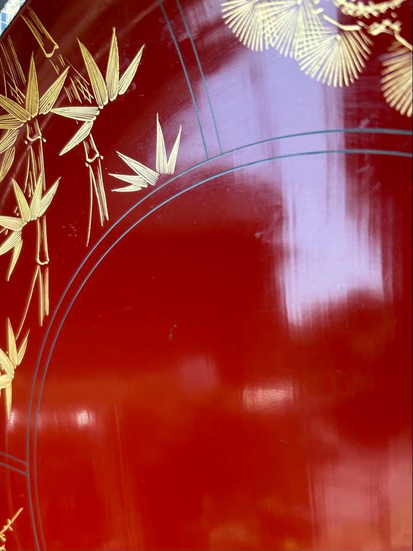 輪島塗 朱塗 沈金 松竹梅 菖蒲 菊 漆器 極上本堅地 角知漆器 飾り皿大皿弍枚