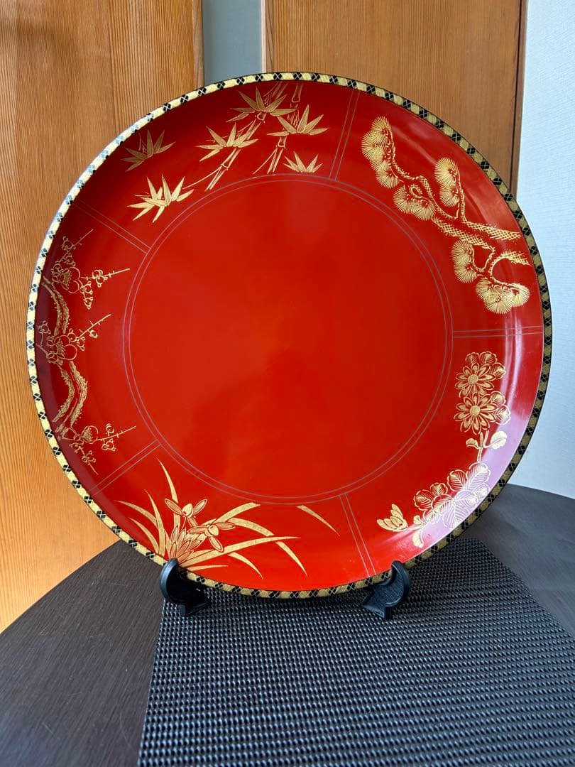 輪島塗 朱塗 沈金 松竹梅 菖蒲 菊 漆器 極上本堅地 角知漆器 飾り皿大皿弍枚