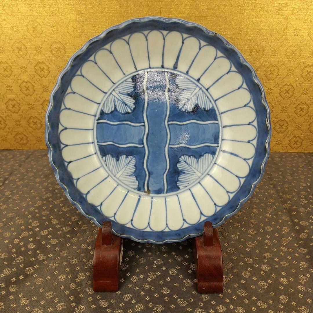 染付　菊割　クルス文なます皿