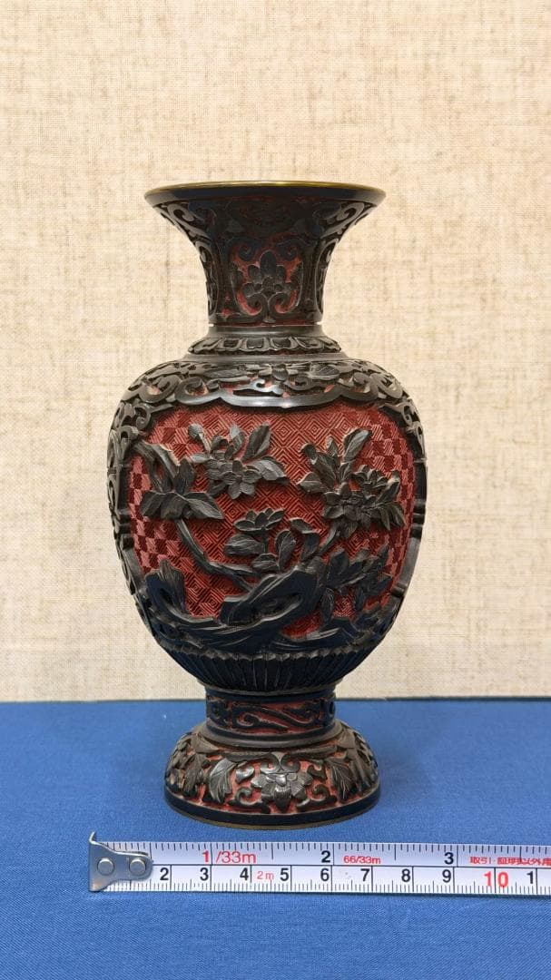 【一点物・古美術】 銅製 堆朱意匠 花鳥文 装飾花瓶｜完形美品