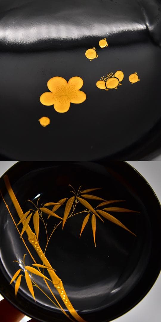 美品 輪島塗 木製 黒漆塗 竹に梅 金蒔絵 切金 吸い物椀 五客 漆器 漆芸
