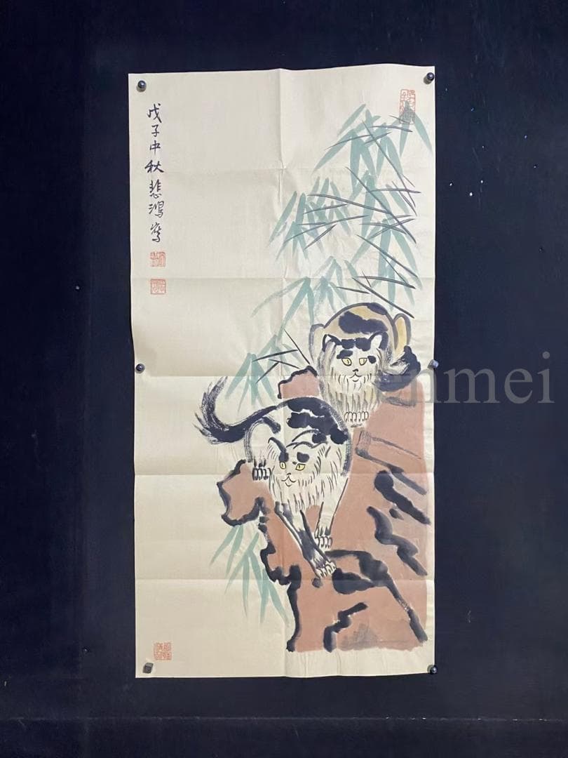 中国古美術 徐悲鴻款 雙猫図三尺画芯 肉筆手描き 動物画 宣紙画芯 証書付 文房