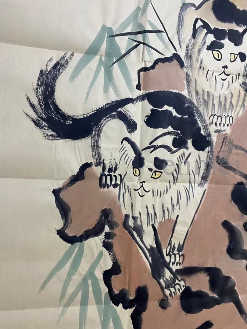 中国古美術 徐悲鴻款 雙猫図三尺画芯 肉筆手描き 動物画 宣紙画芯 証書付 文房