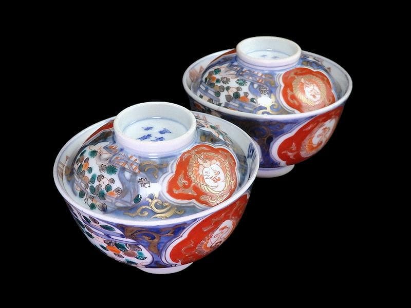 古伊万里　金襴手　鳳凰に果実の図　蓋茶碗　２客　D830AS-fbti