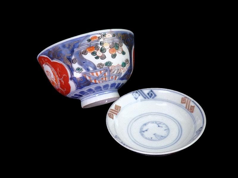 古伊万里　金襴手　鳳凰に果実の図　蓋茶碗　２客　D830AS-fbti