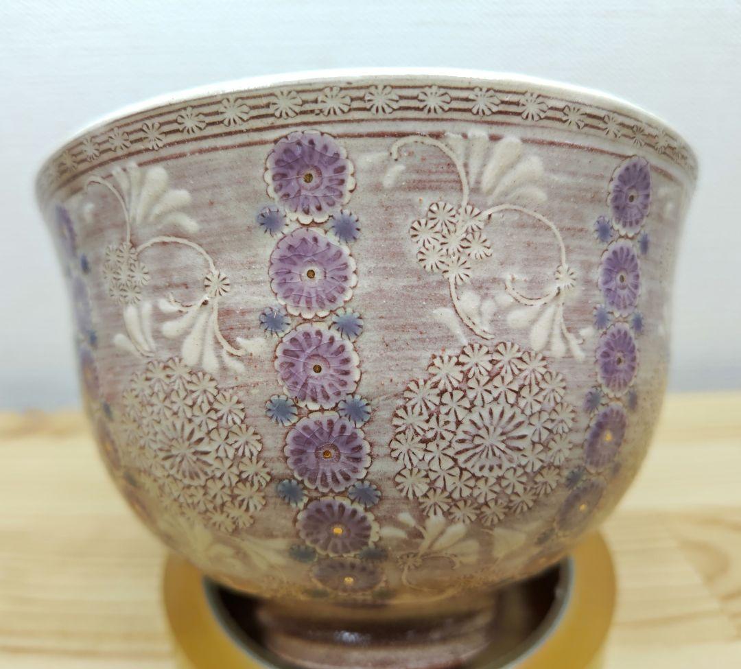 送料込【逢絢亭・新品】茶道具 茶碗 京焼 紫彩華紋 森里陶楽 共箱入り ２