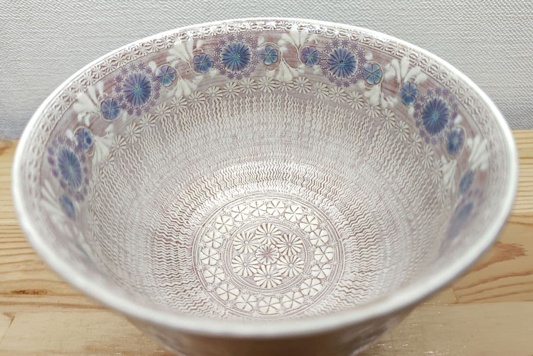 送料込【逢絢亭・新品】茶道具 茶碗 京焼 紫彩華紋 森里陶楽 共箱入り ２