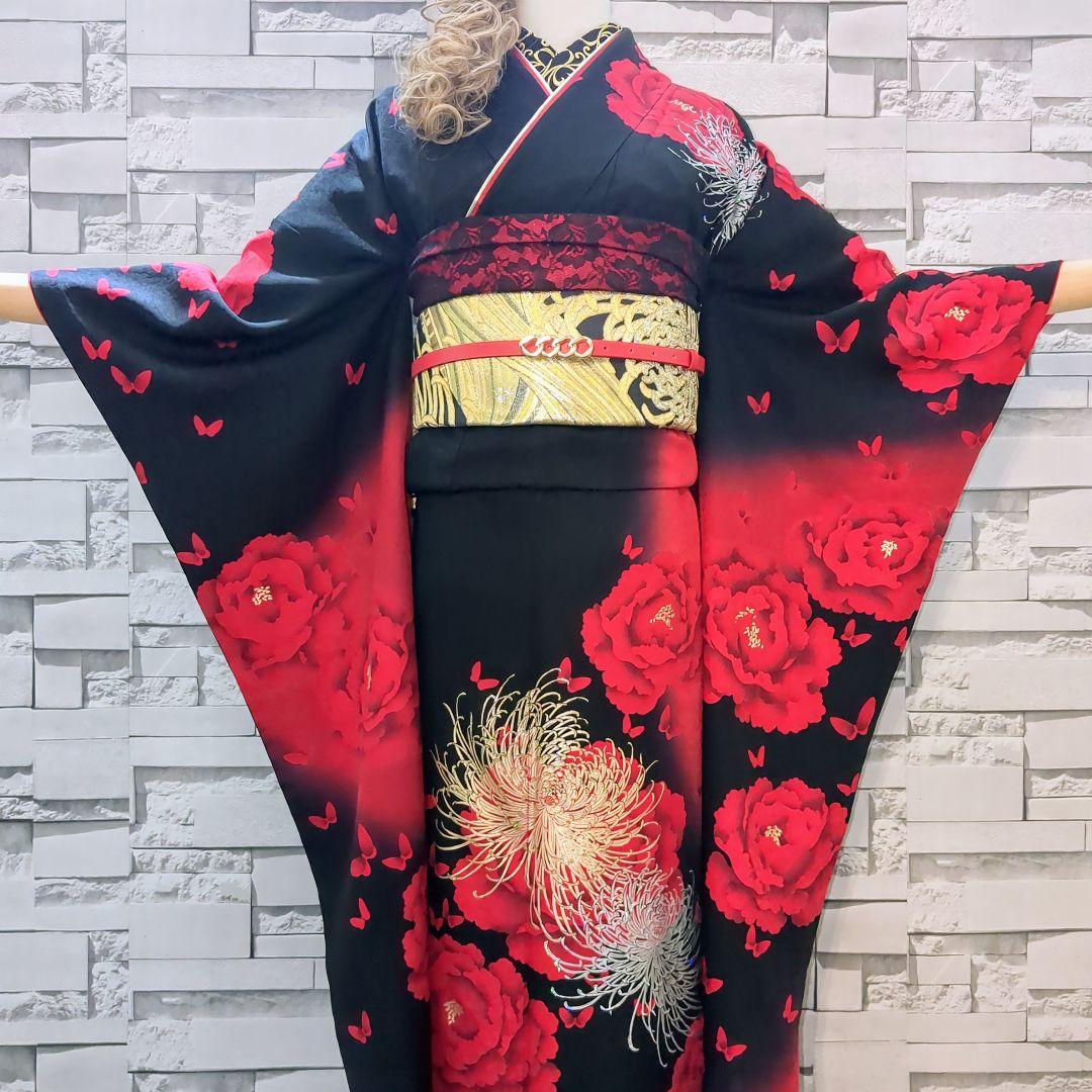 振袖セット 振袖フルセット 正絹 暈し染め 牡丹 乱菊 蝶 金銀彩 黒赤 56