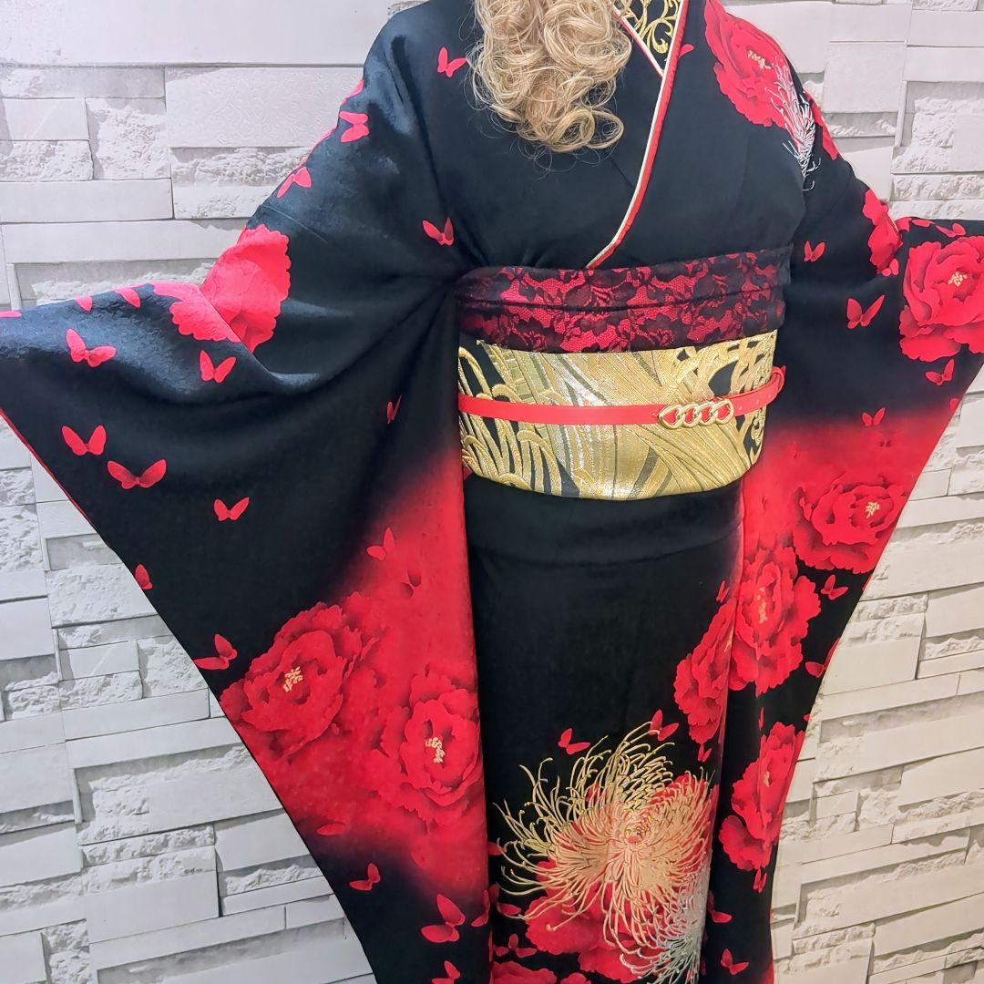 振袖セット 振袖フルセット 正絹 暈し染め 牡丹 乱菊 蝶 金銀彩 黒赤 56