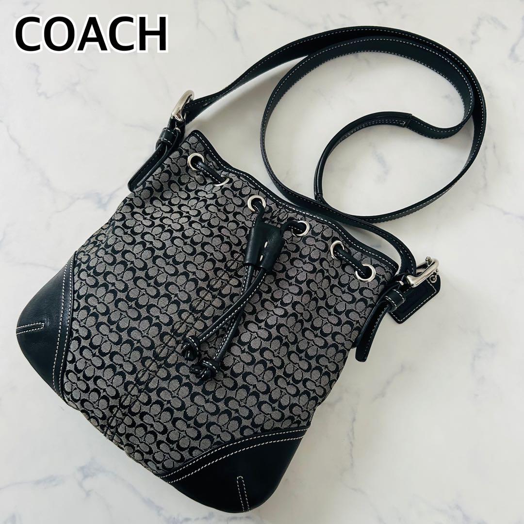 【美品】コーチ　ショルダーバッグ　レザー×キャンバス シグネチャー 巾着型 黒