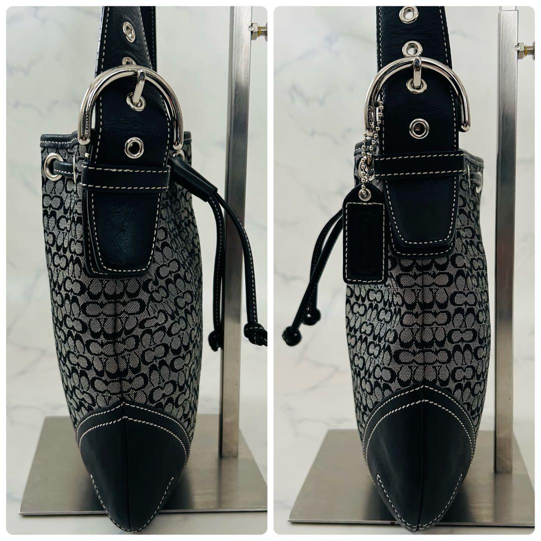 【美品】コーチ　ショルダーバッグ　レザー×キャンバス シグネチャー 巾着型 黒