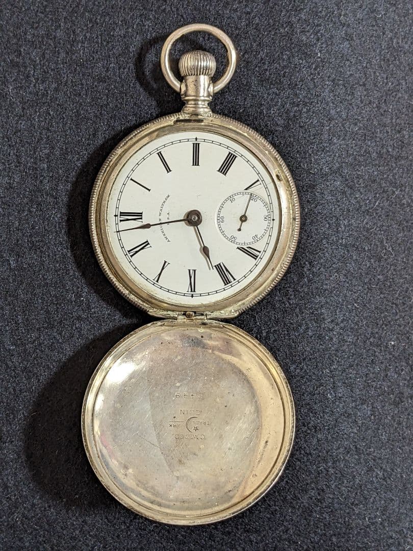 ♦ウォルサム社 銀製鉄道懐中時計 1800年代末頃 アメリカ国内製造 骨董品