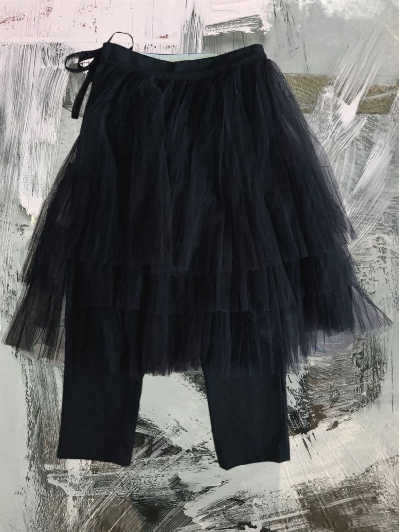 新品 コムデギャルソン ブラックパンツチュールプリーツスカート付レイヤードパンツ