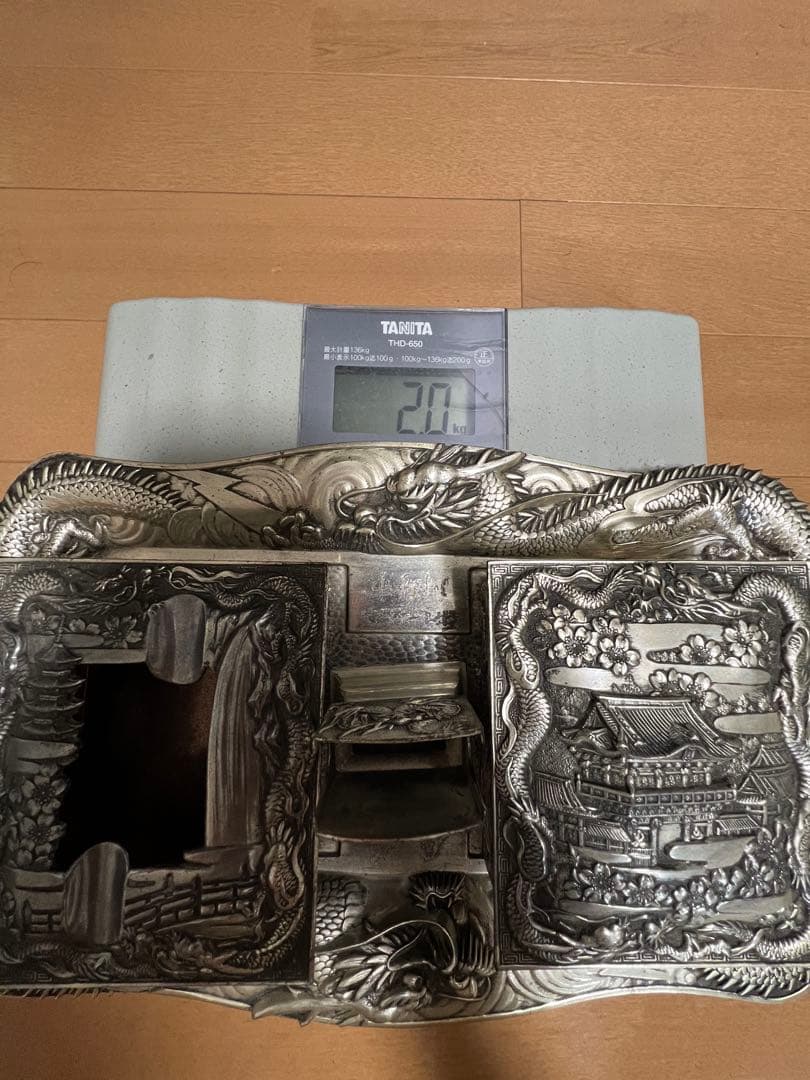 高級 昭和レトロ 龍 日本製 白銅 灰皿セット アンティーク 喫煙具 煙草入れ