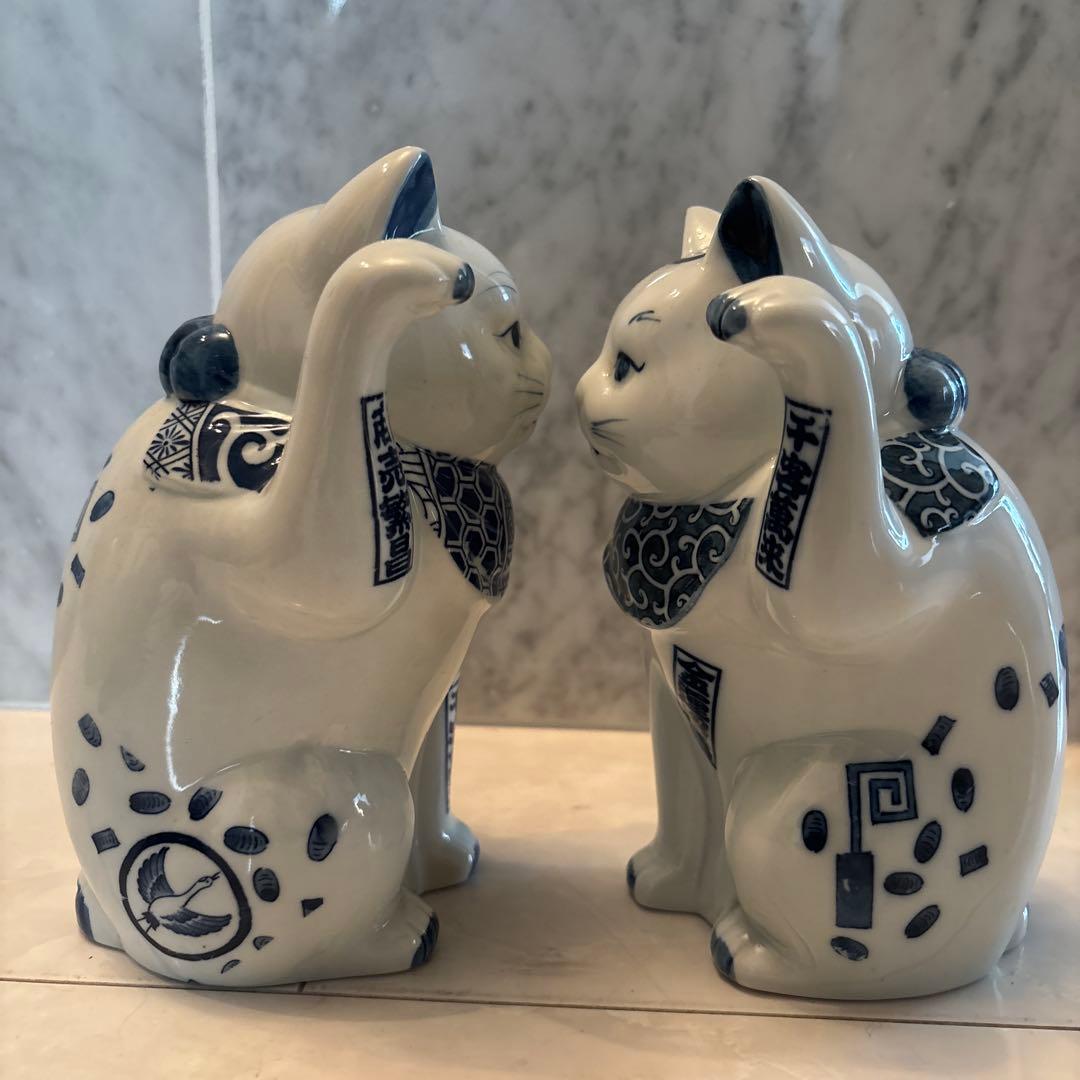 ヴィンテージ瞳、鶴や亀が美しく、商売繁盛、千客万来の金運、良き人を招くペア招き猫