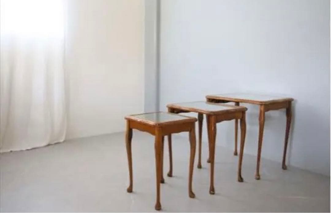 英国アンティーク猫脚ネストテーブル3台/木製机/サイドテーブル(88-211)