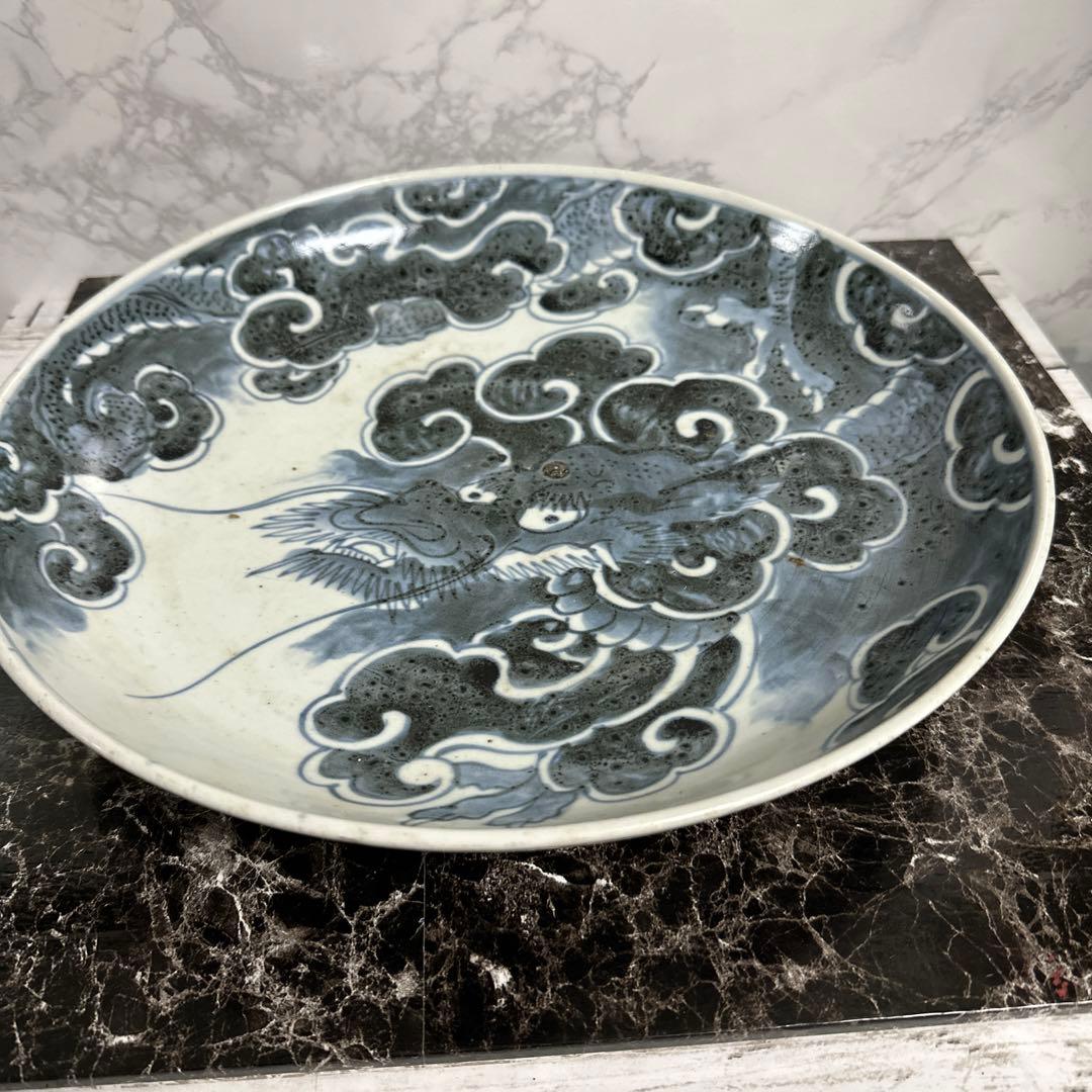 染め付け、雲竜、大皿。珍品。サービス、箱付き！。