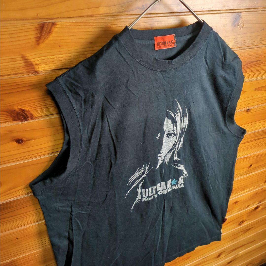 タンクトップ　ノースリーブトップス　ヒスガール風　女性　黒　3L　2XL　古着