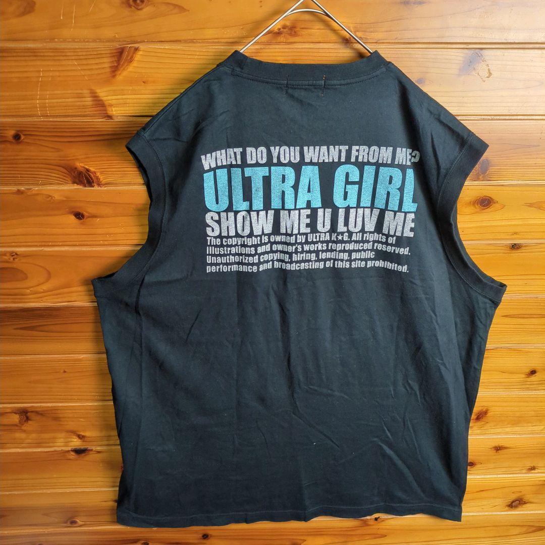 タンクトップ　ノースリーブトップス　ヒスガール風　女性　黒　3L　2XL　古着