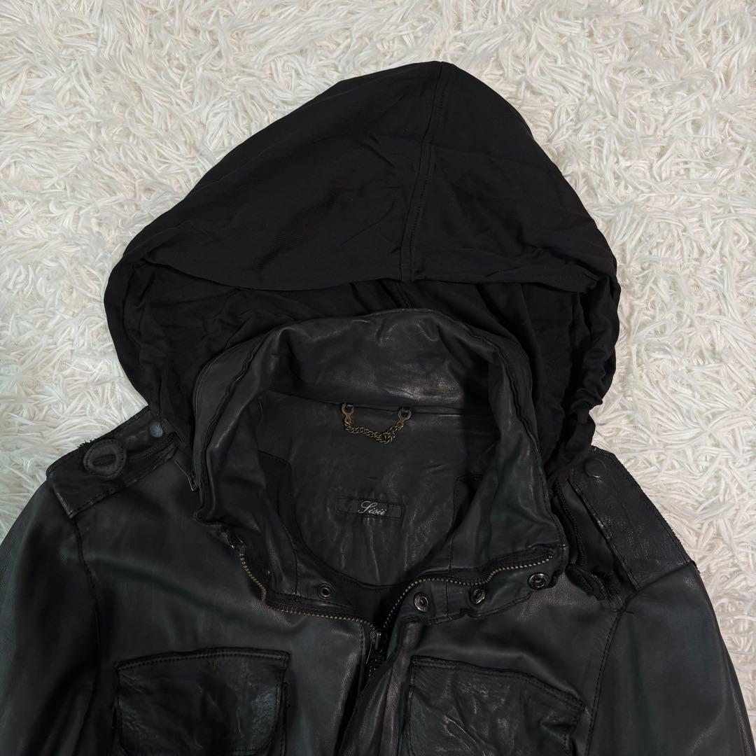 極美品/牛革✨シシ レザージャケット M-65 フード収納 2way ライダース