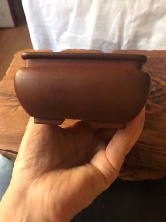 ⑧ミニ盆栽鉢 中国宜興 朱泥袋式長方鉢11cmx7.3cm x4.3cmおまけ付