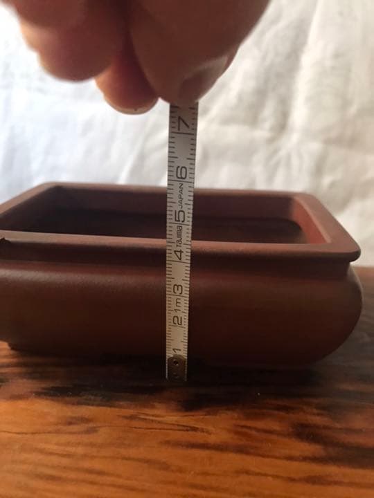 ⑧ミニ盆栽鉢 中国宜興 朱泥袋式長方鉢11cmx7.3cm x4.3cmおまけ付