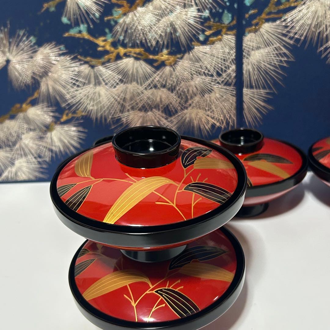 輪島塗　天然木 漆器 蒔絵 多用椀 5個セット 赤と黒 葉模様