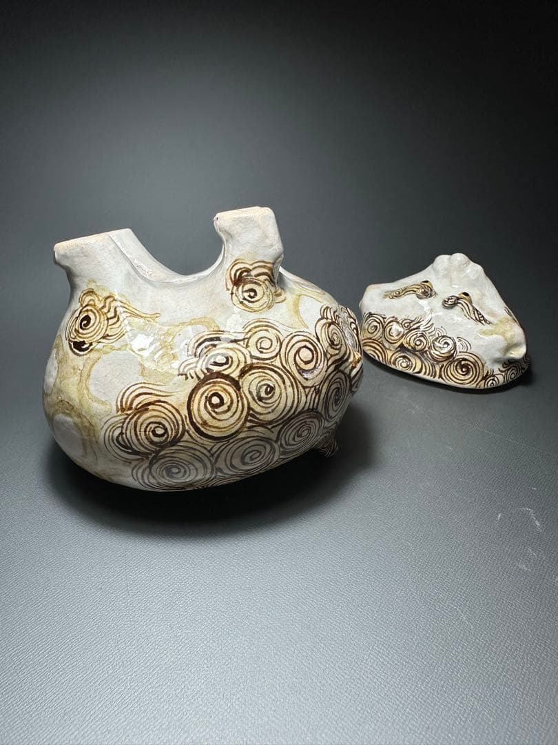 乾山　獅子　香炉　山崎窯　浅野紫仙　作　共箱　黄布　茶道具