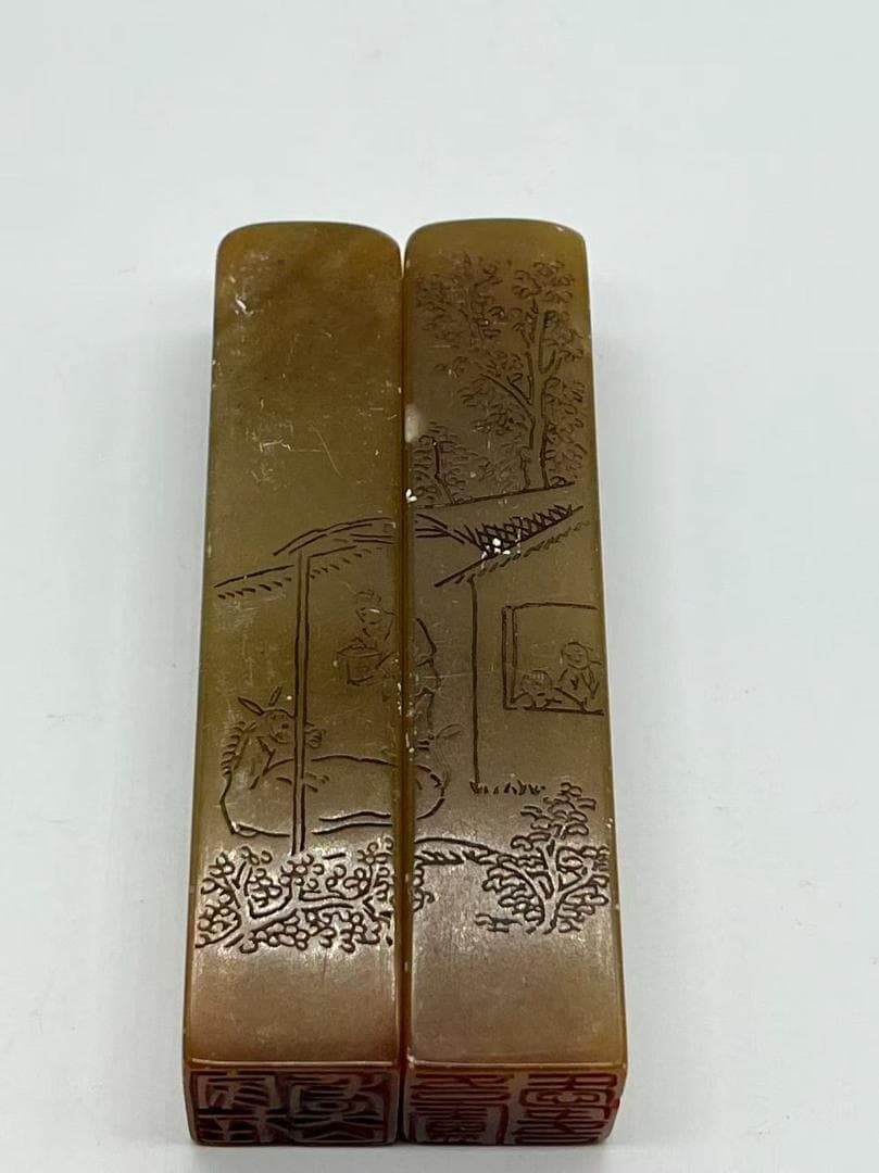 民国　寿山凍石　庭園仙人図印一対　名人印(F-240)