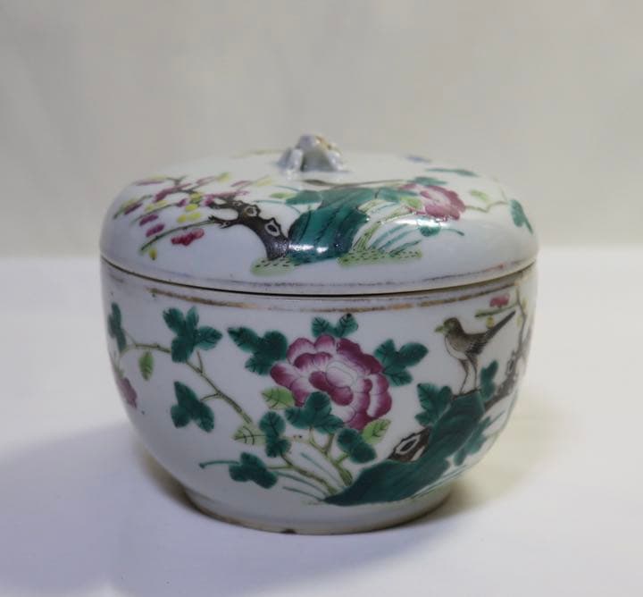 中国　清朝期　粉彩蓋器　喜上梅梢　アンティーク　木箱付0905