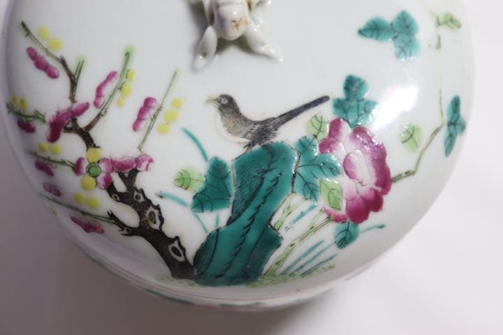 中国　清朝期　粉彩蓋器　喜上梅梢　アンティーク　木箱付0905