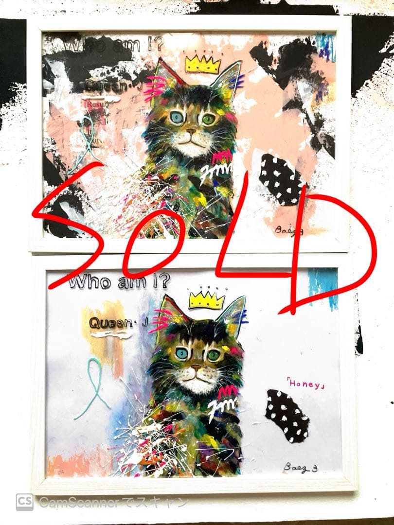 【Queen 】猫の絵　ピンク　原画　イラスト　アクリル画　BAEZ3