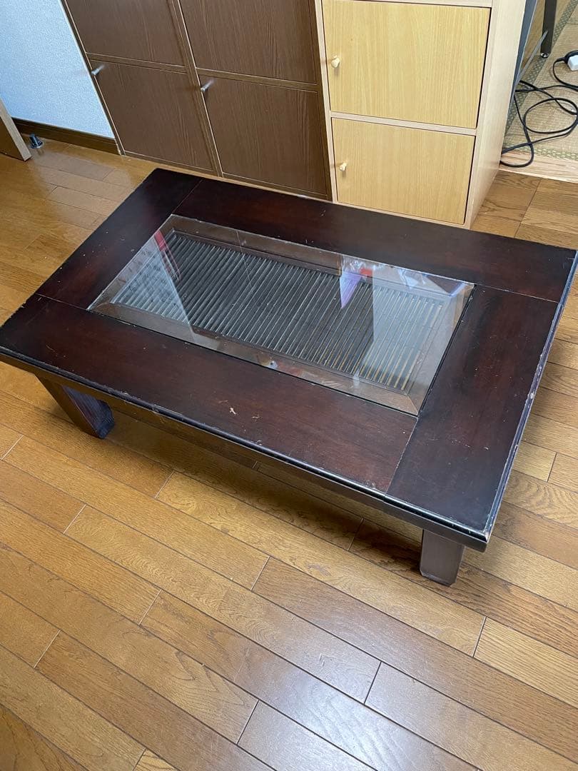 木製ダークブラウン座卓 ガラス天板付き