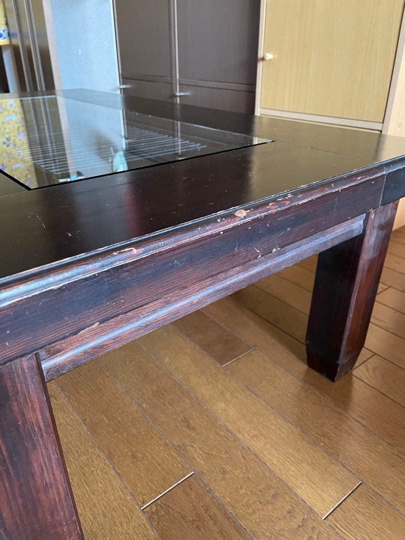 木製ダークブラウン座卓 ガラス天板付き